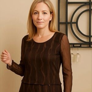 Tani Nardi 2 piece Skirt Set Long Mesh Sleeves Brown and Cream Large Women’s